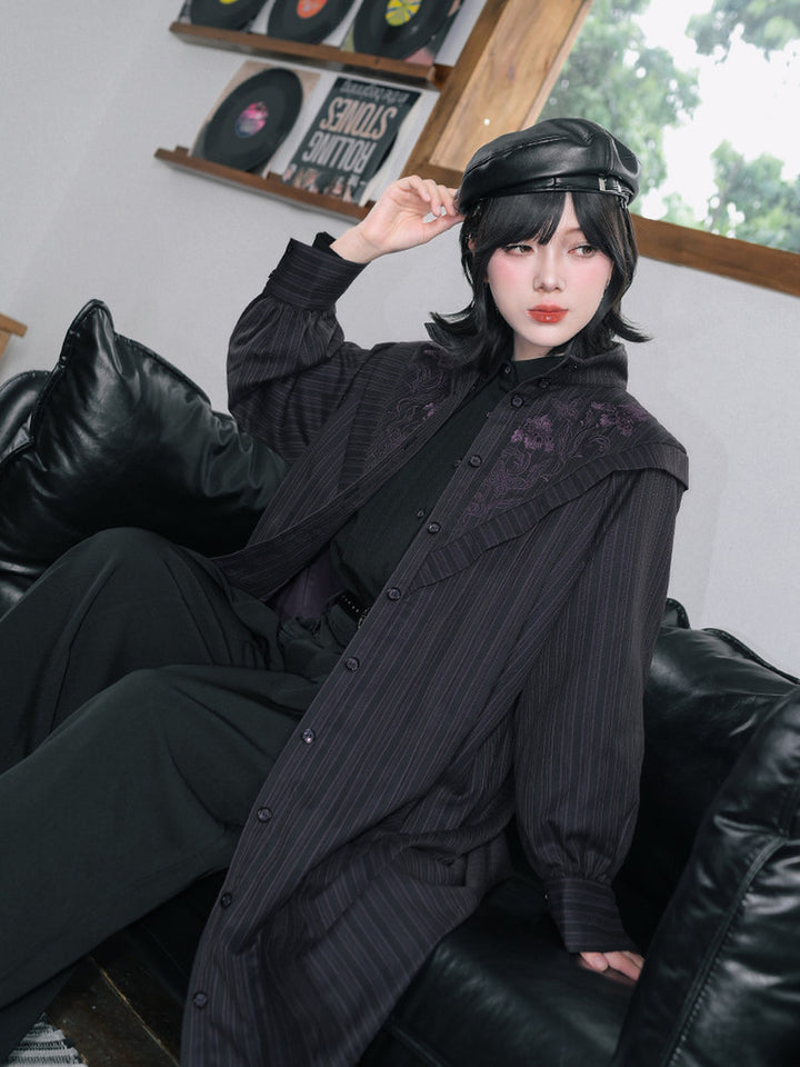 Purple Iris Embroidered Convertible-Collar Longline Jacket
