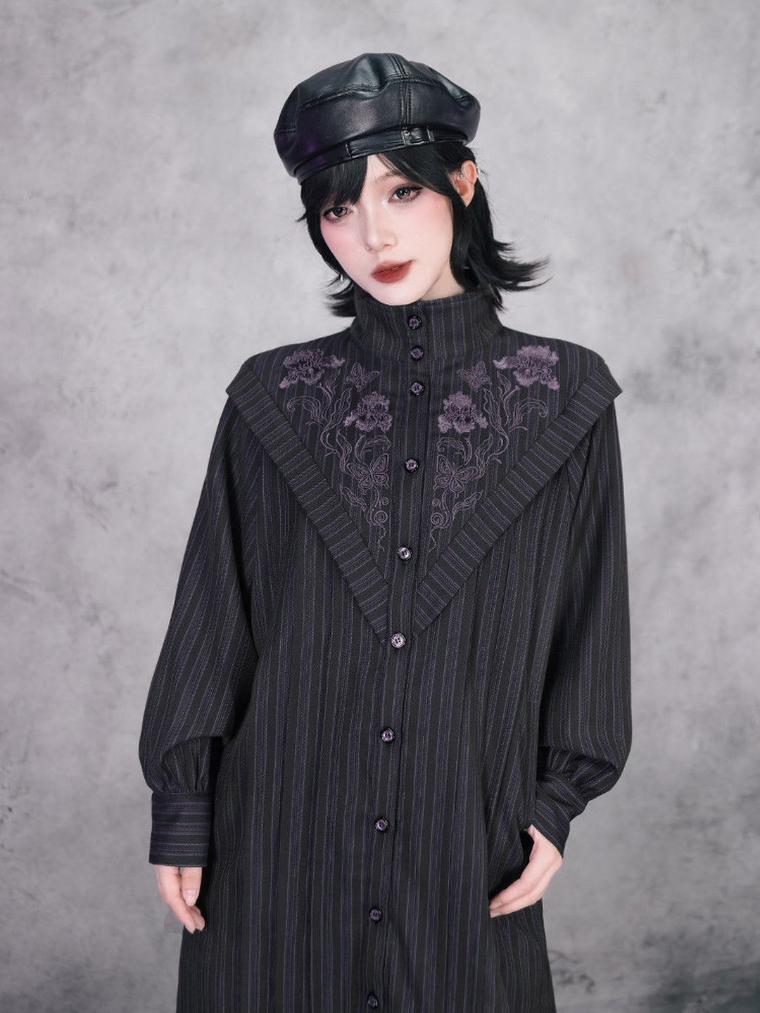 Purple Iris Embroidered Convertible-Collar Longline Jacket