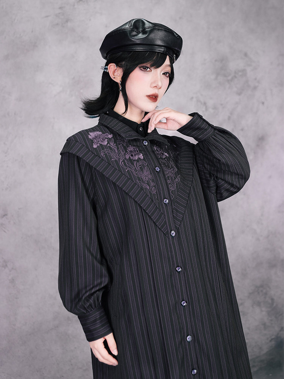 Purple Iris Embroidered Convertible-Collar Longline Jacket