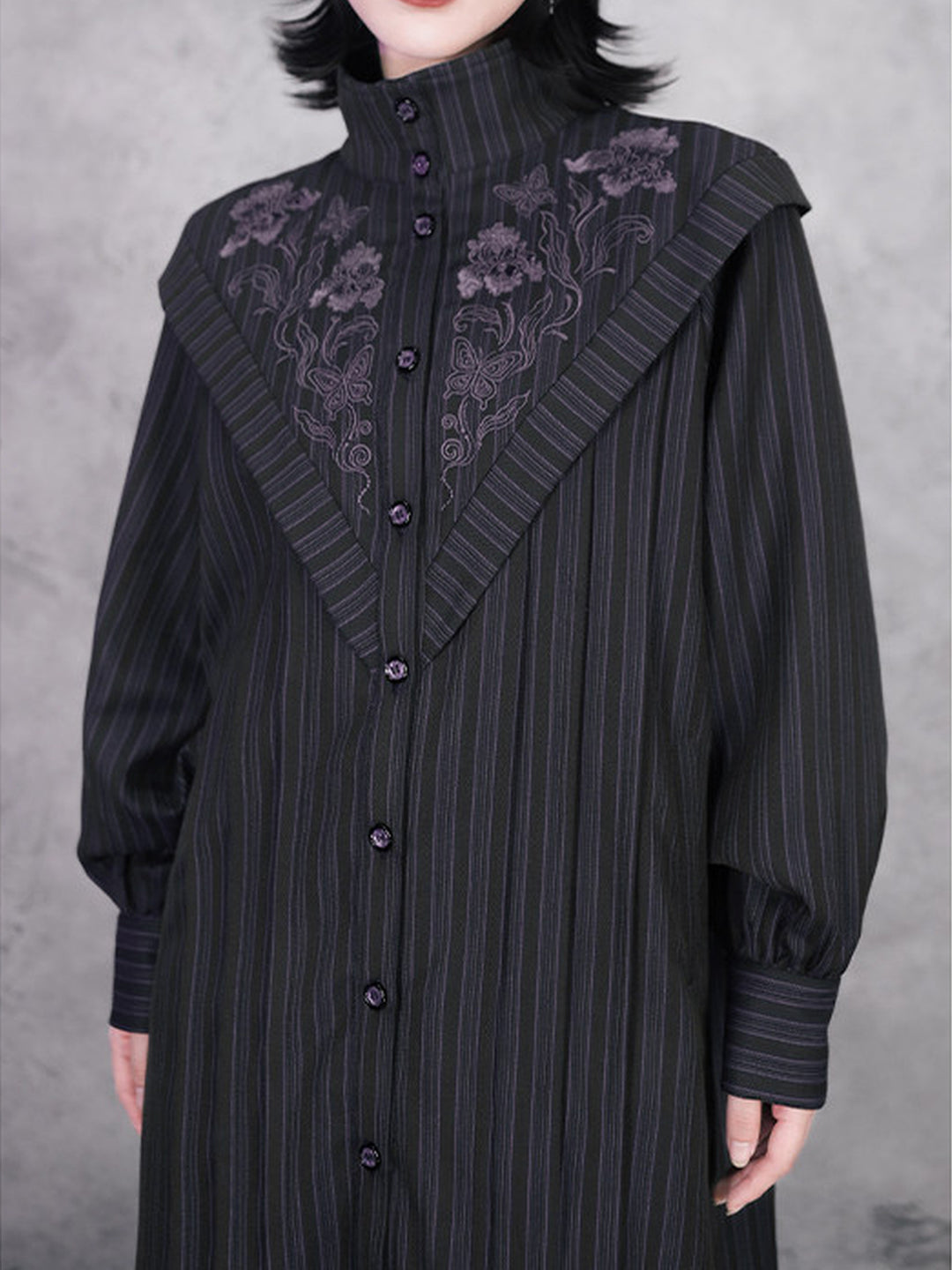 Purple Iris Embroidered Convertible-Collar Longline Jacket