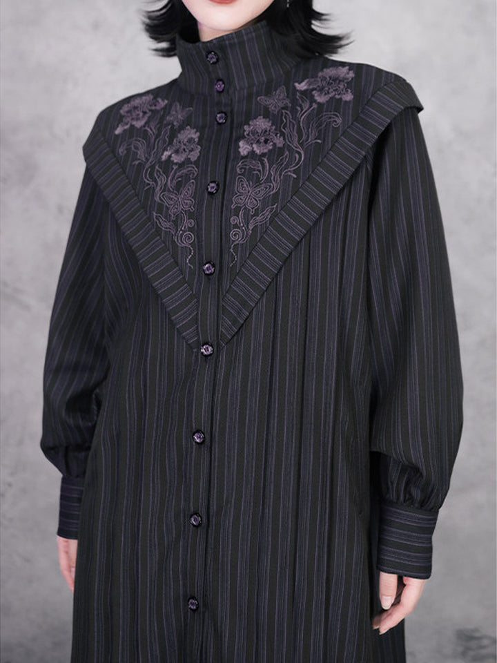 Purple Iris Embroidered Convertible-Collar Longline Jacket