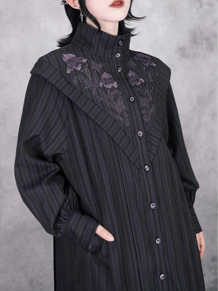Purple Iris Embroidered Convertible-Collar Longline Jacket