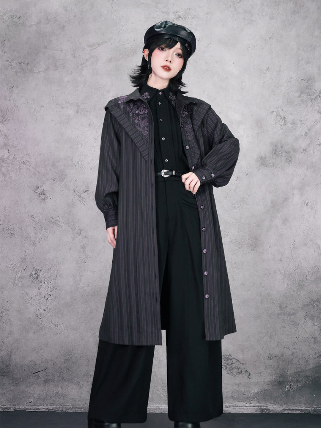 Purple Iris Embroidered Convertible-Collar Longline Jacket