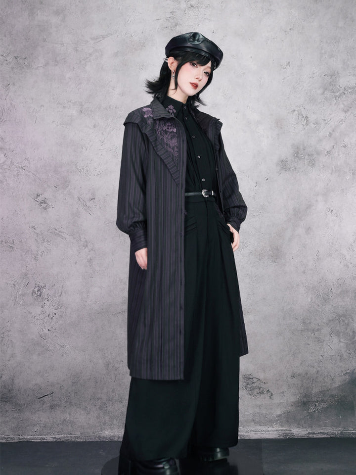 Purple Iris Embroidered Convertible-Collar Longline Jacket