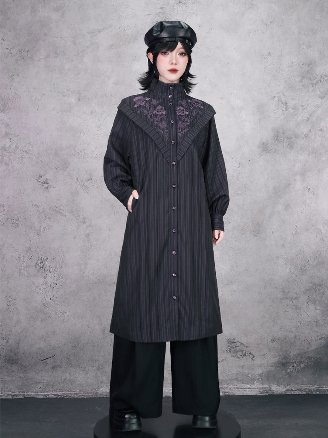 Purple Iris Embroidered Convertible-Collar Longline Jacket