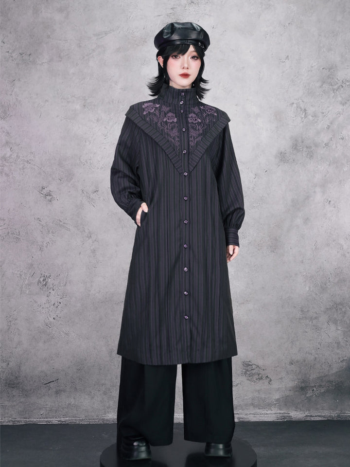 Purple Iris Embroidered Convertible-Collar Longline Jacket