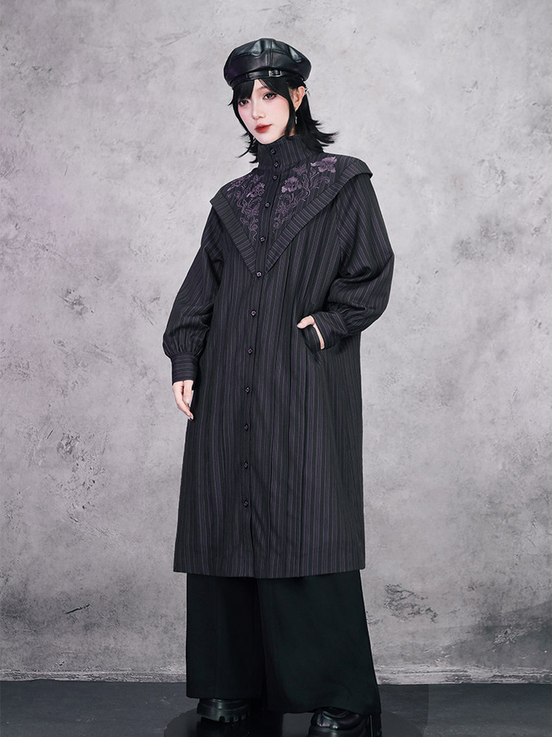 Purple Iris Embroidered Convertible-Collar Longline Jacket