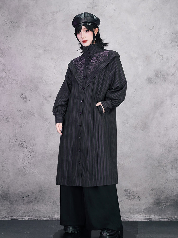 Purple Iris Embroidered Convertible-Collar Longline Jacket