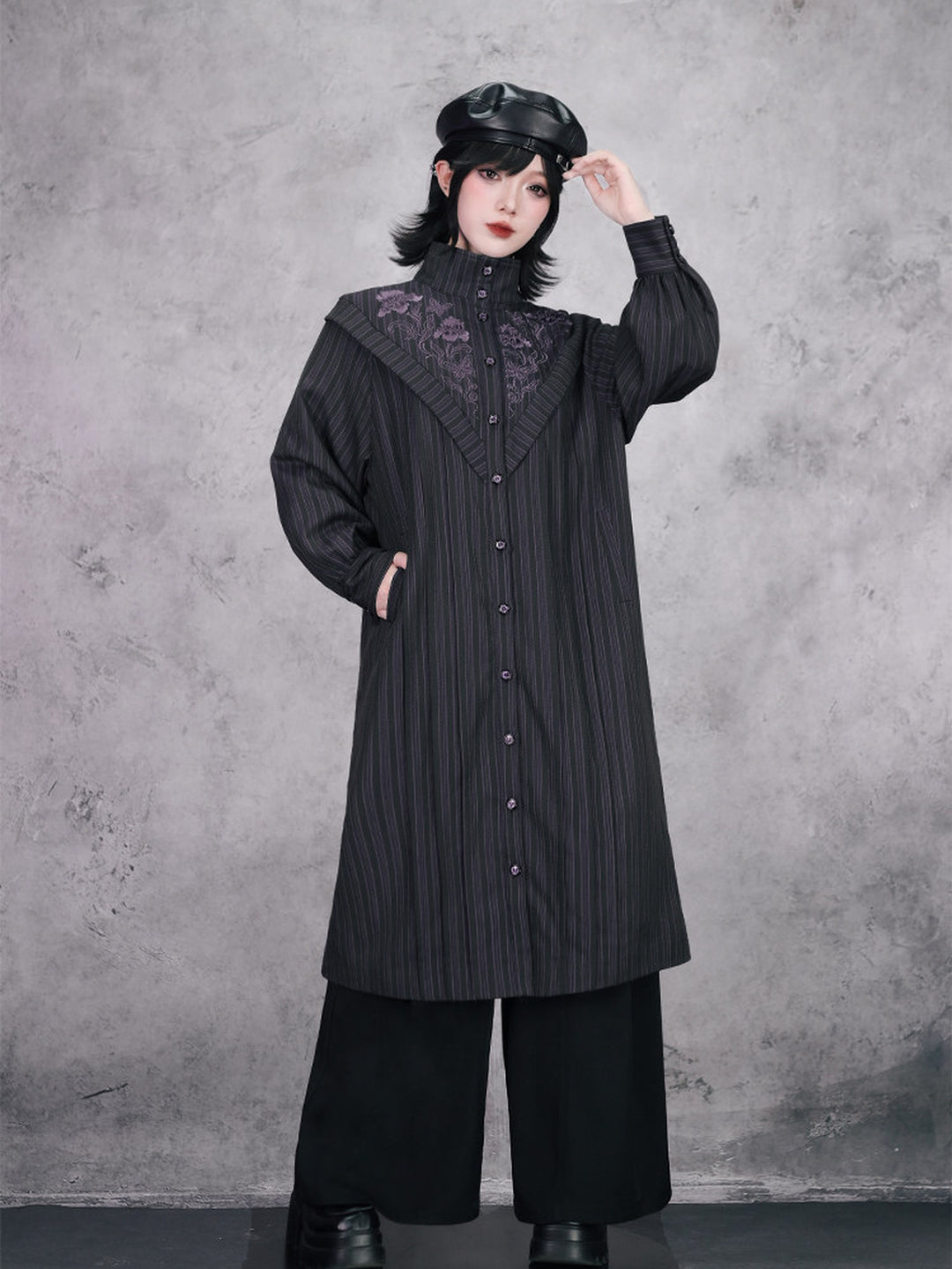 Purple Iris Embroidered Convertible-Collar Longline Jacket