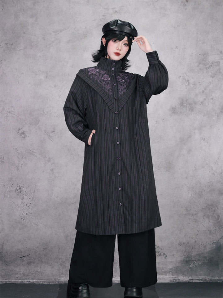 Purple Iris Embroidered Convertible-Collar Longline Jacket