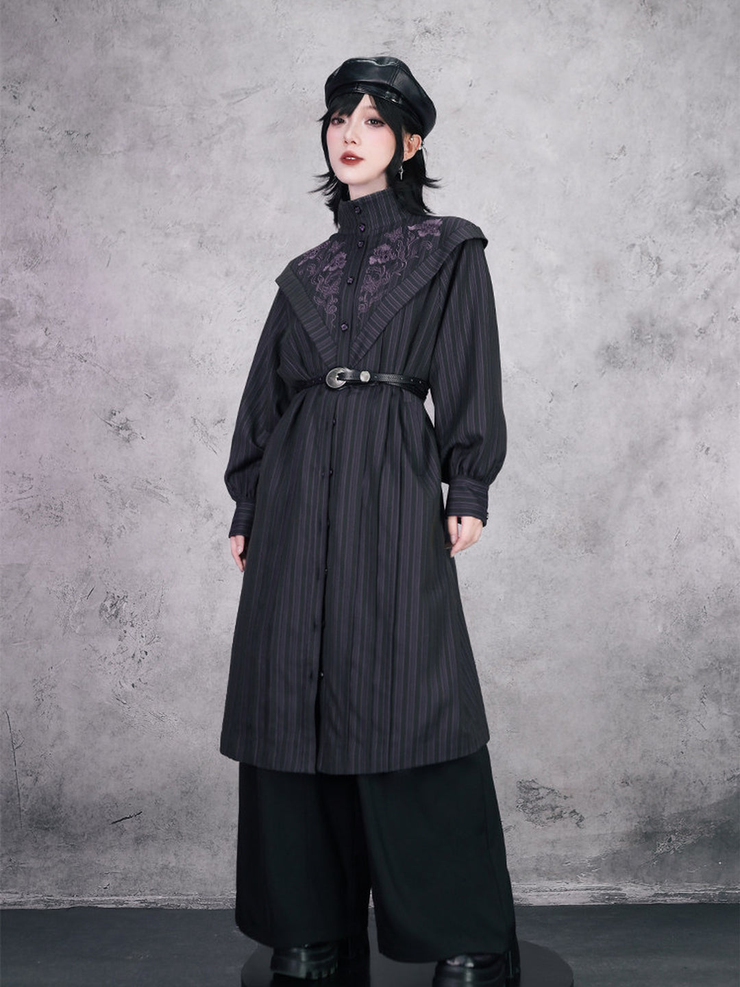 Purple Iris Embroidered Convertible-Collar Longline Jacket