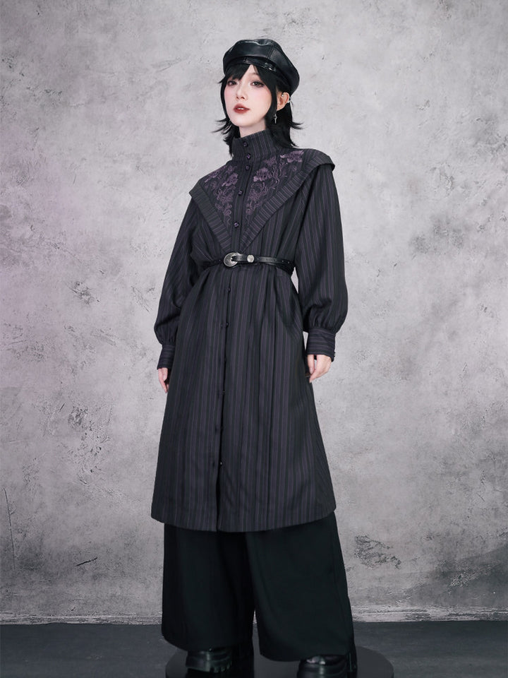 Purple Iris Embroidered Convertible-Collar Longline Jacket
