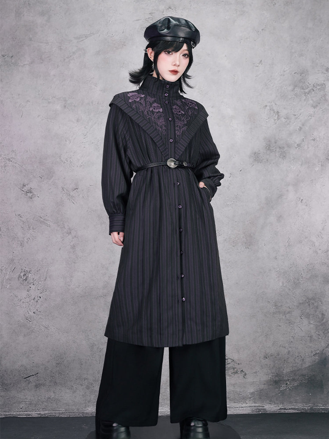 Purple Iris Embroidered Convertible-Collar Longline Jacket