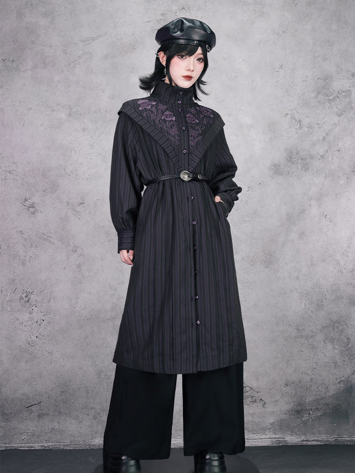 Purple Iris Embroidered Convertible-Collar Longline Jacket