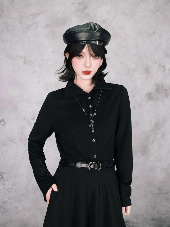 Black Iris Embroidered Convertible-Collar Knit Cardigan