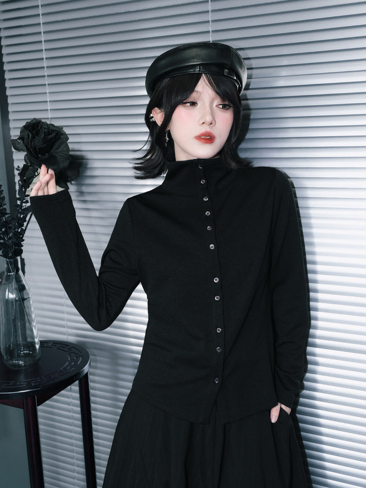 Black Iris Embroidered Convertible-Collar Knit Cardigan