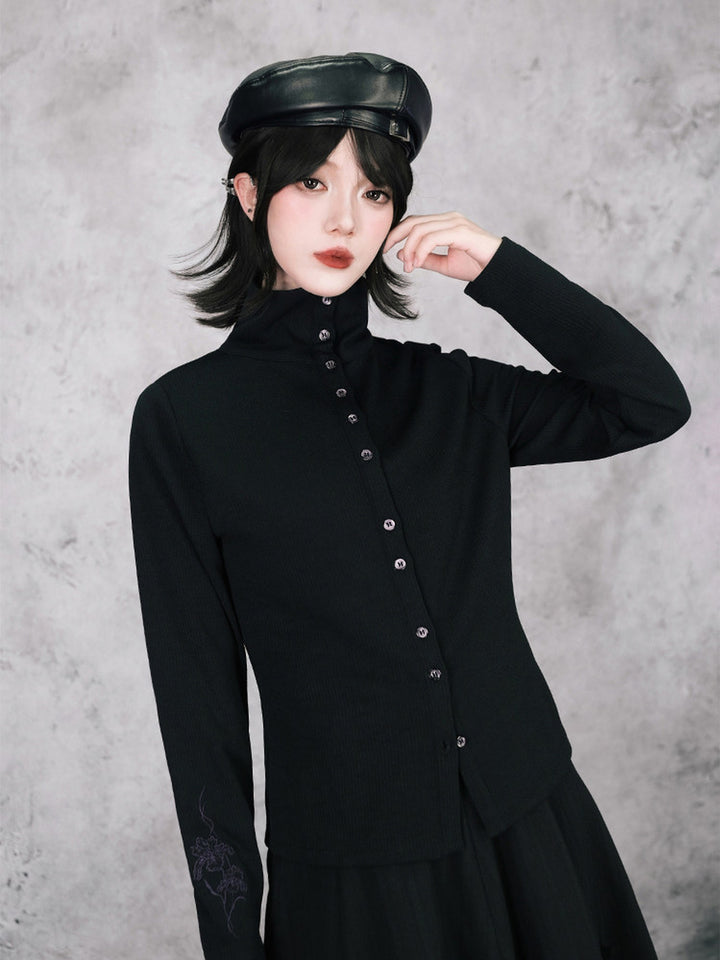 Black Iris Embroidered Convertible-Collar Knit Cardigan