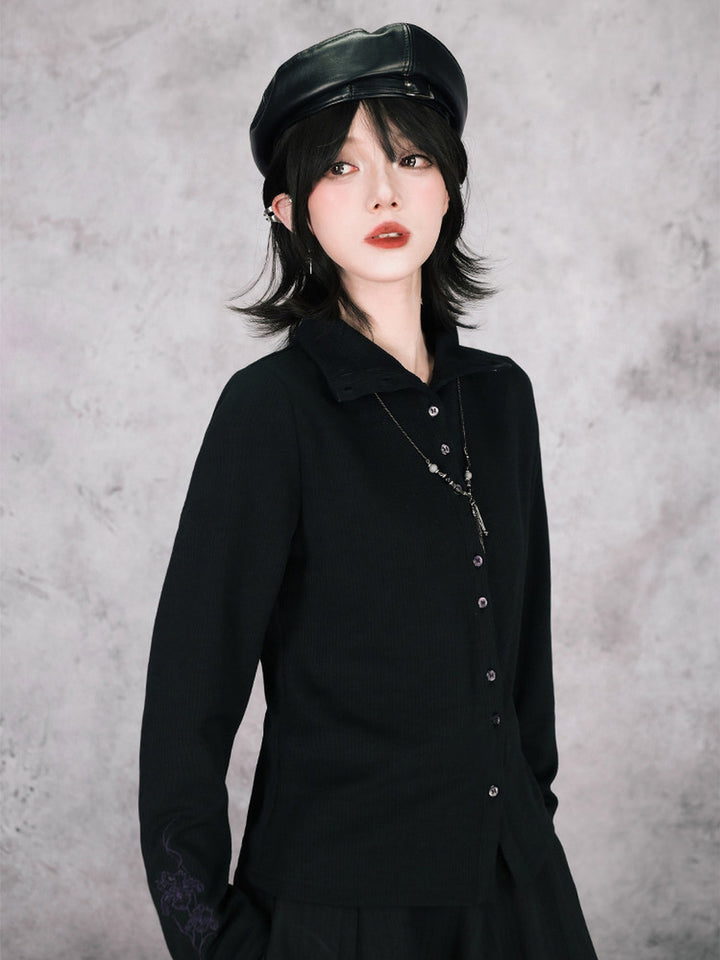 Black Iris Embroidered Convertible-Collar Knit Cardigan