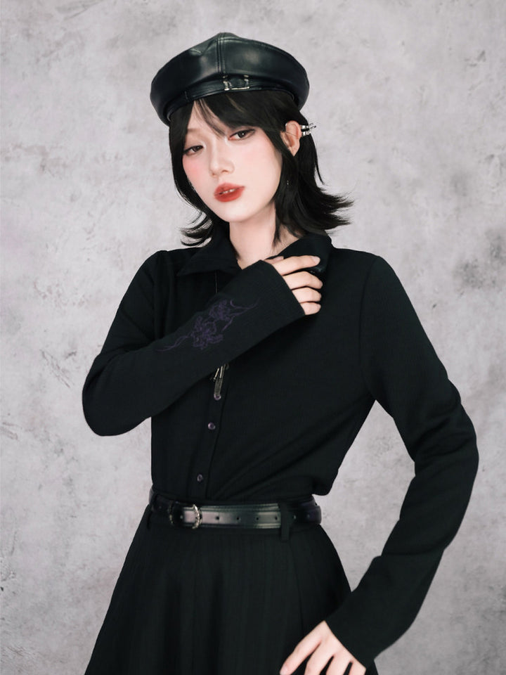 Black Iris Embroidered Convertible-Collar Knit Cardigan