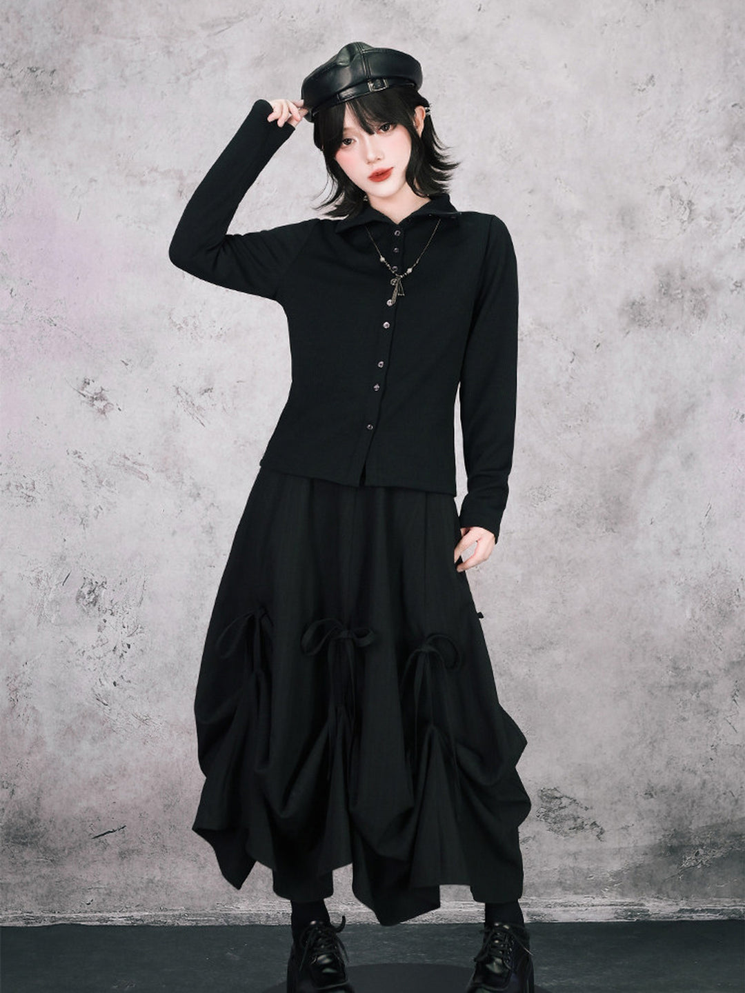 Black Iris Embroidered Convertible-Collar Knit Cardigan