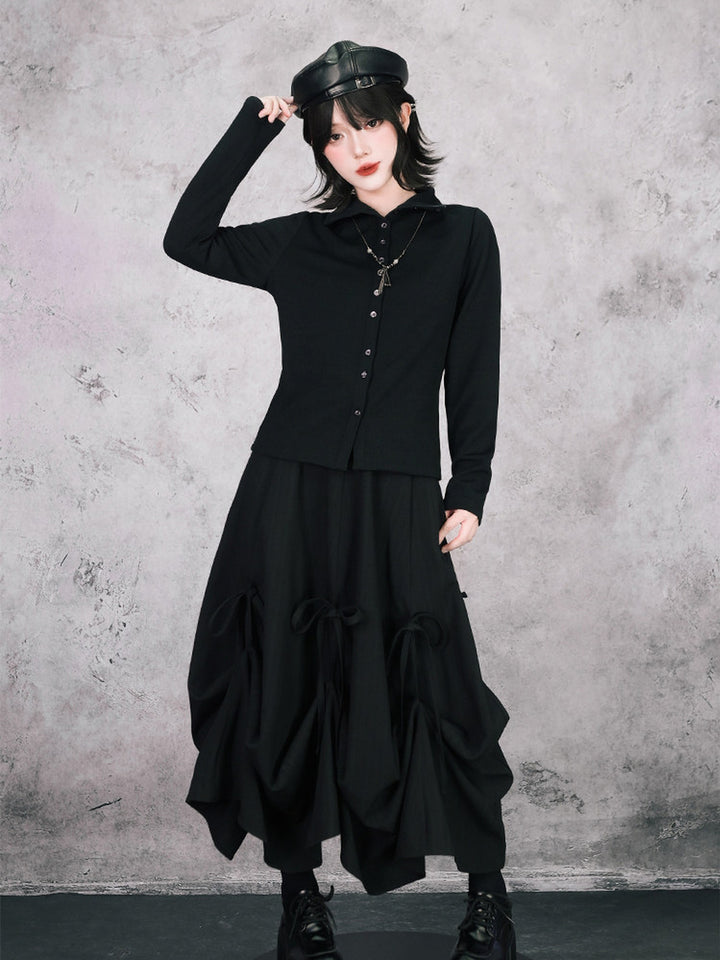 Black Iris Embroidered Convertible-Collar Knit Cardigan