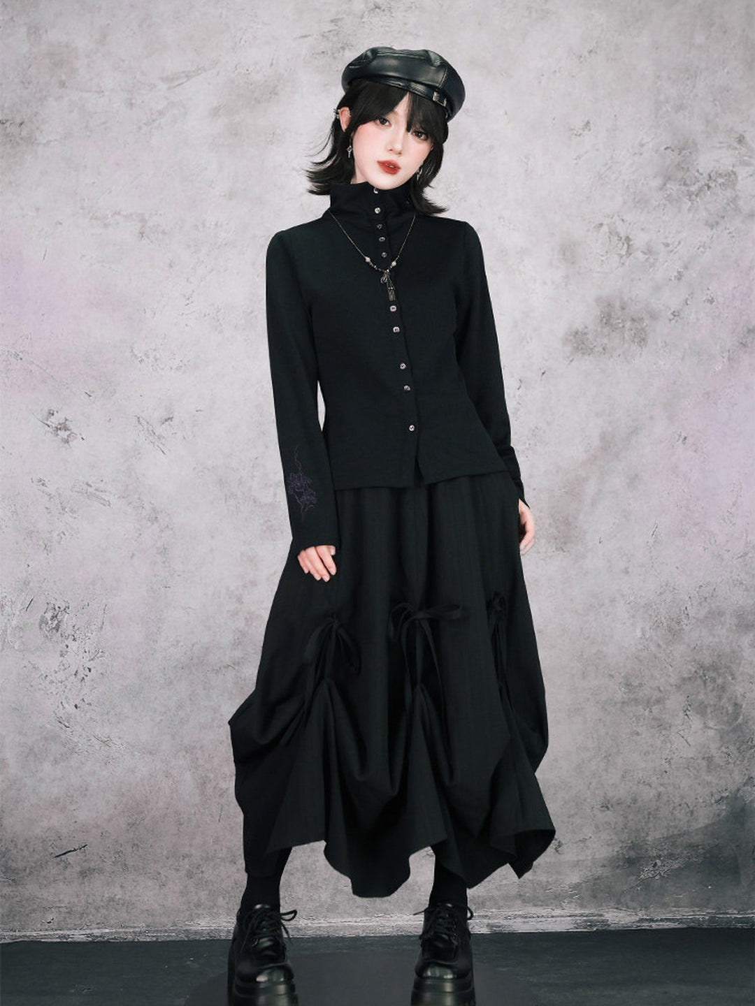 Black Iris Embroidered Convertible-Collar Knit Cardigan