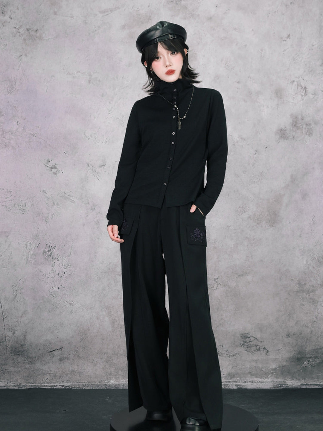 Black Iris Embroidered Convertible-Collar Knit Cardigan