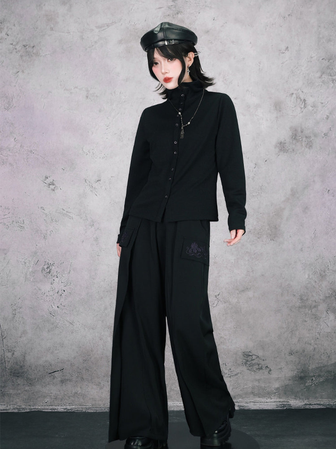 Black Iris Embroidered Convertible-Collar Knit Cardigan