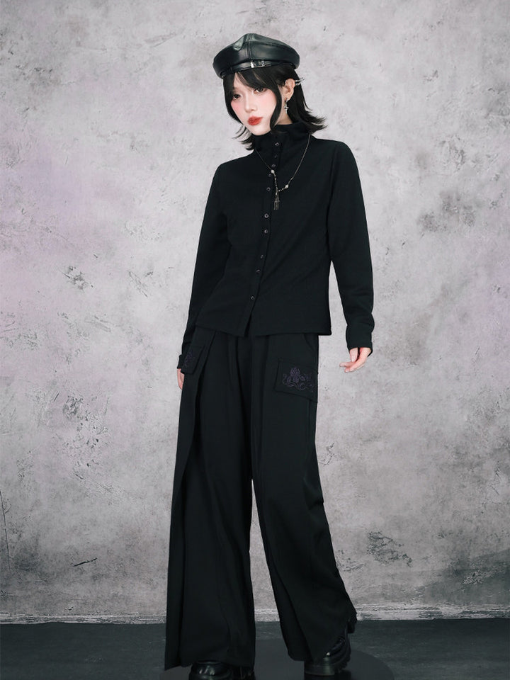Black Iris Embroidered Convertible-Collar Knit Cardigan