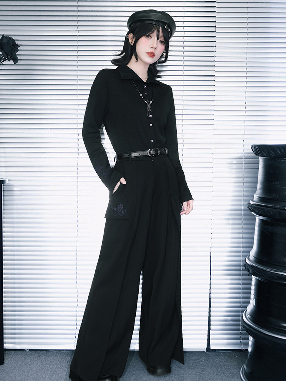 Black Iris Embroidered Convertible-Collar Knit Cardigan