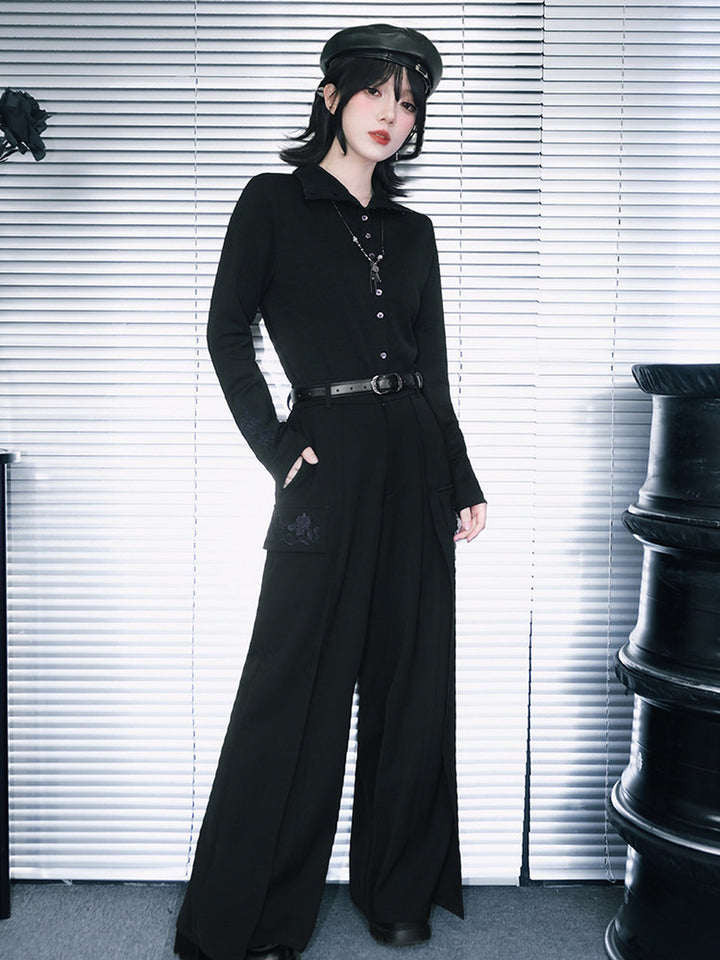 Black Iris Embroidered Convertible-Collar Knit Cardigan