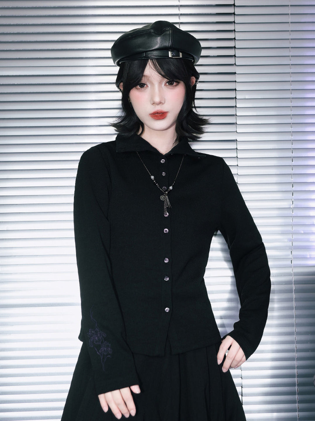 Black Iris Embroidered Convertible-Collar Knit Cardigan