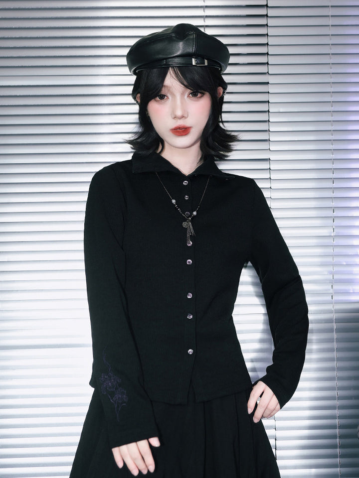 Black Iris Embroidered Convertible-Collar Knit Cardigan