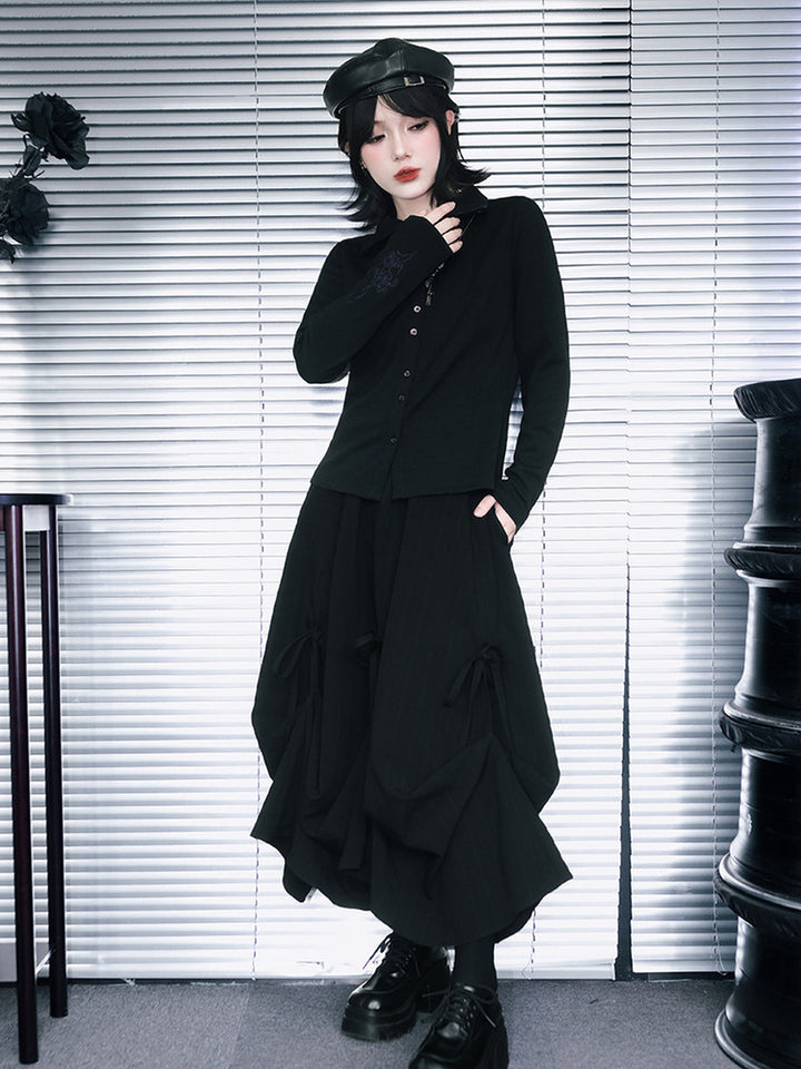 Black Iris Embroidered Convertible-Collar Knit Cardigan