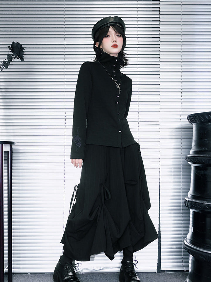 Black Iris Embroidered Convertible-Collar Knit Cardigan