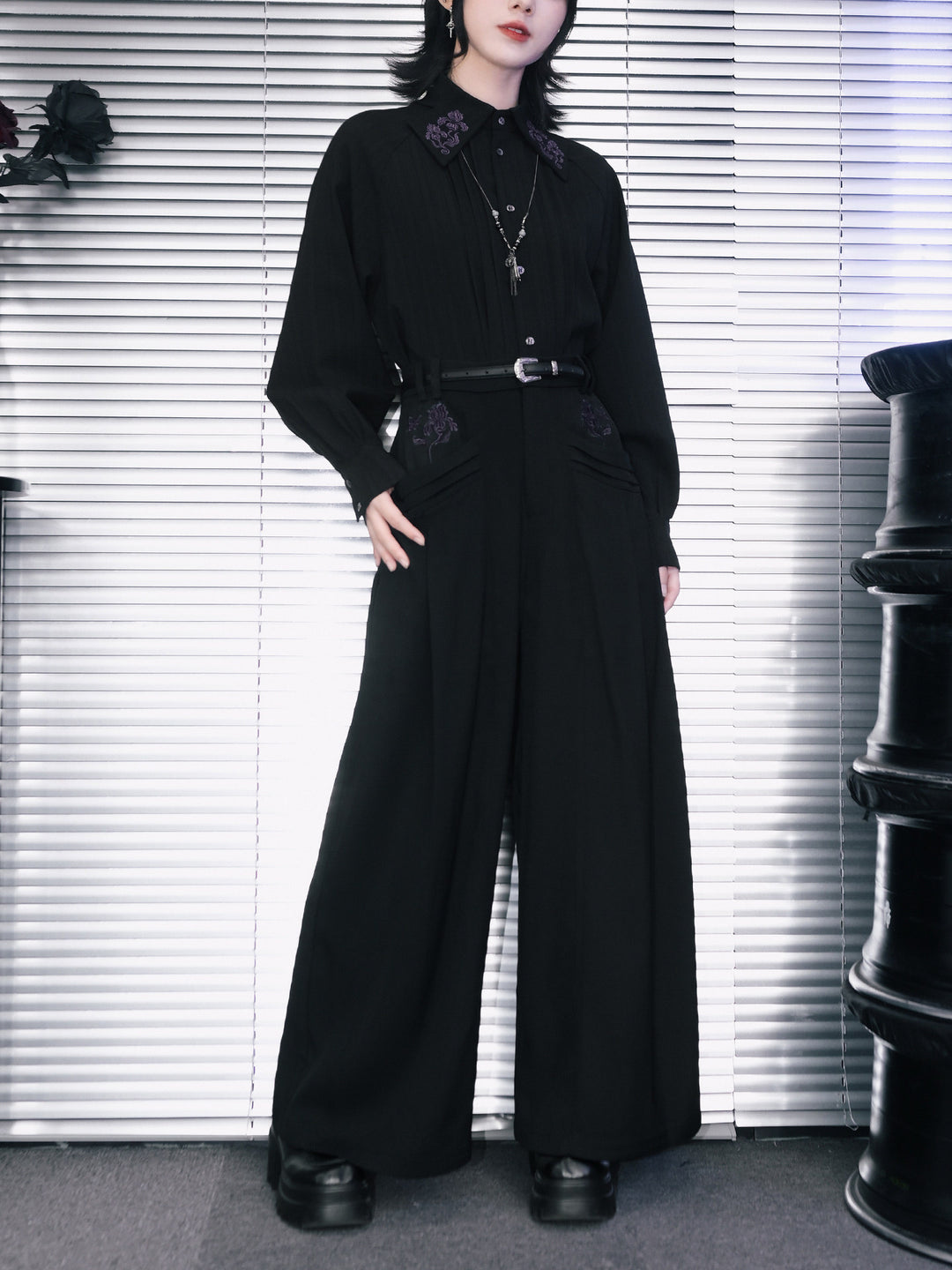 Black Iris Embroidered Paneled Wide-Leg Pants