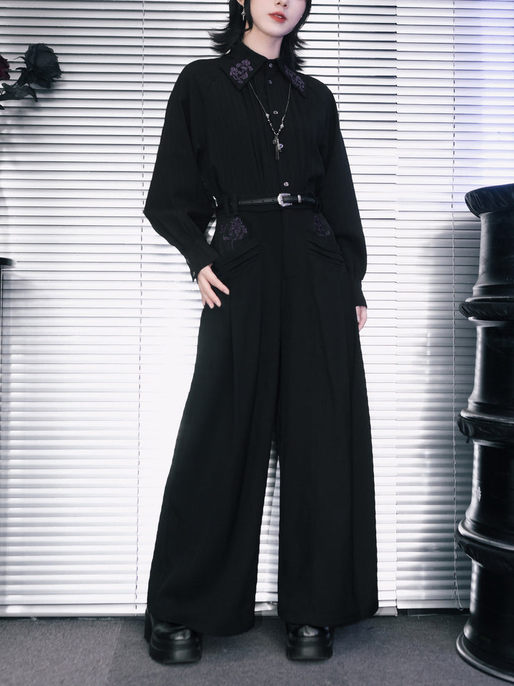 Black Iris Embroidered Paneled Wide-Leg Pants