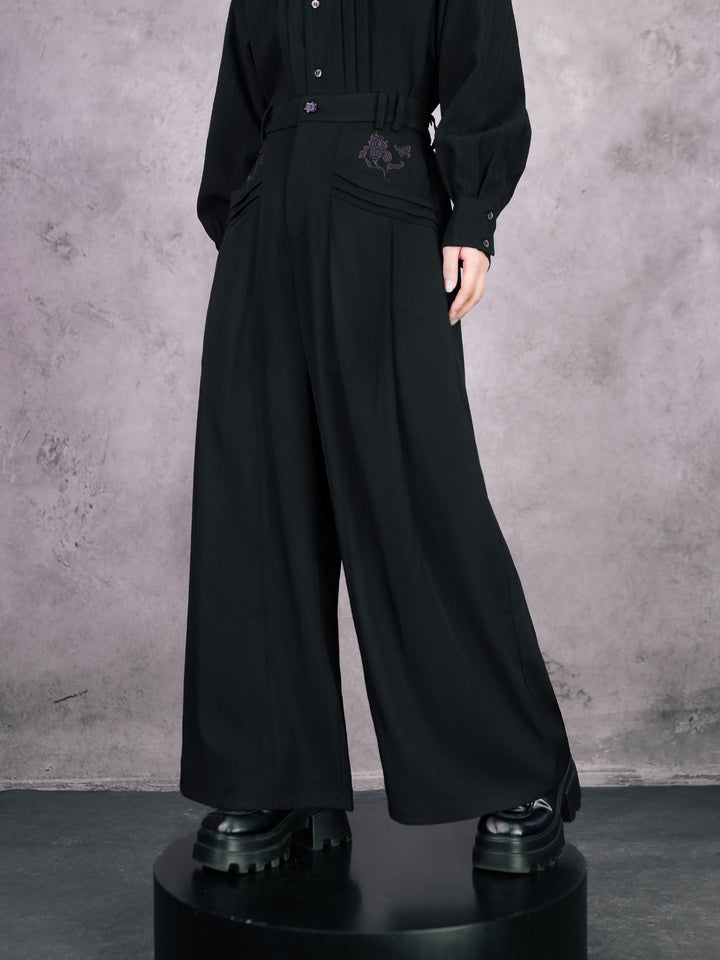 Black Iris Embroidered Paneled Wide-Leg Pants