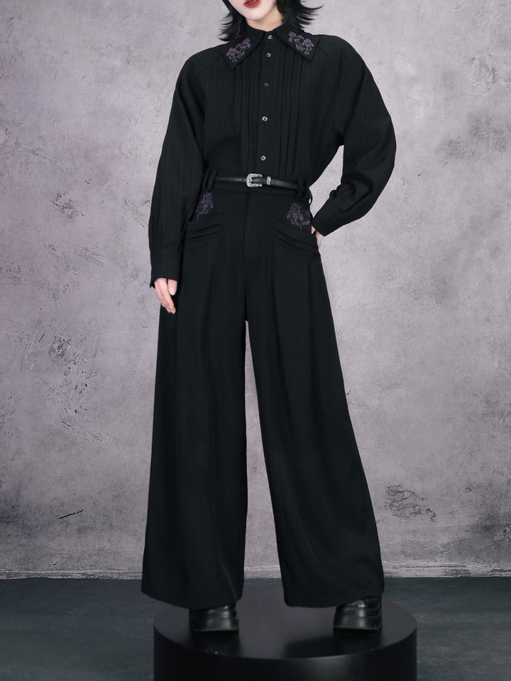 Black Iris Embroidered Paneled Wide-Leg Pants