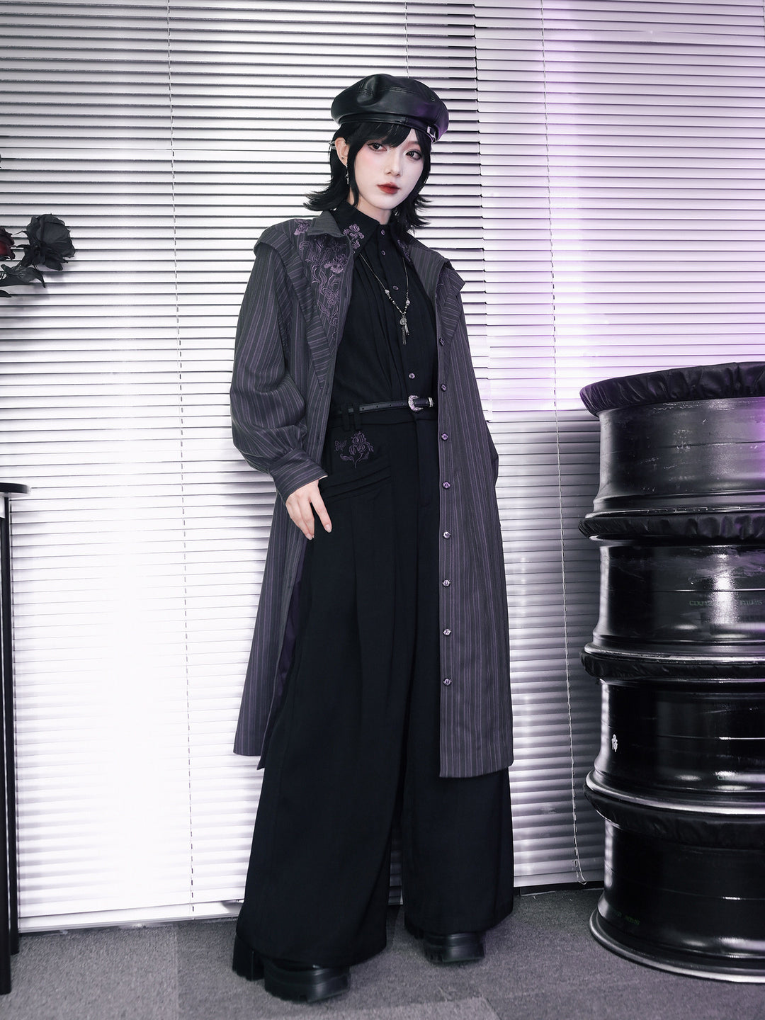 Black Iris Embroidered Paneled Wide-Leg Pants