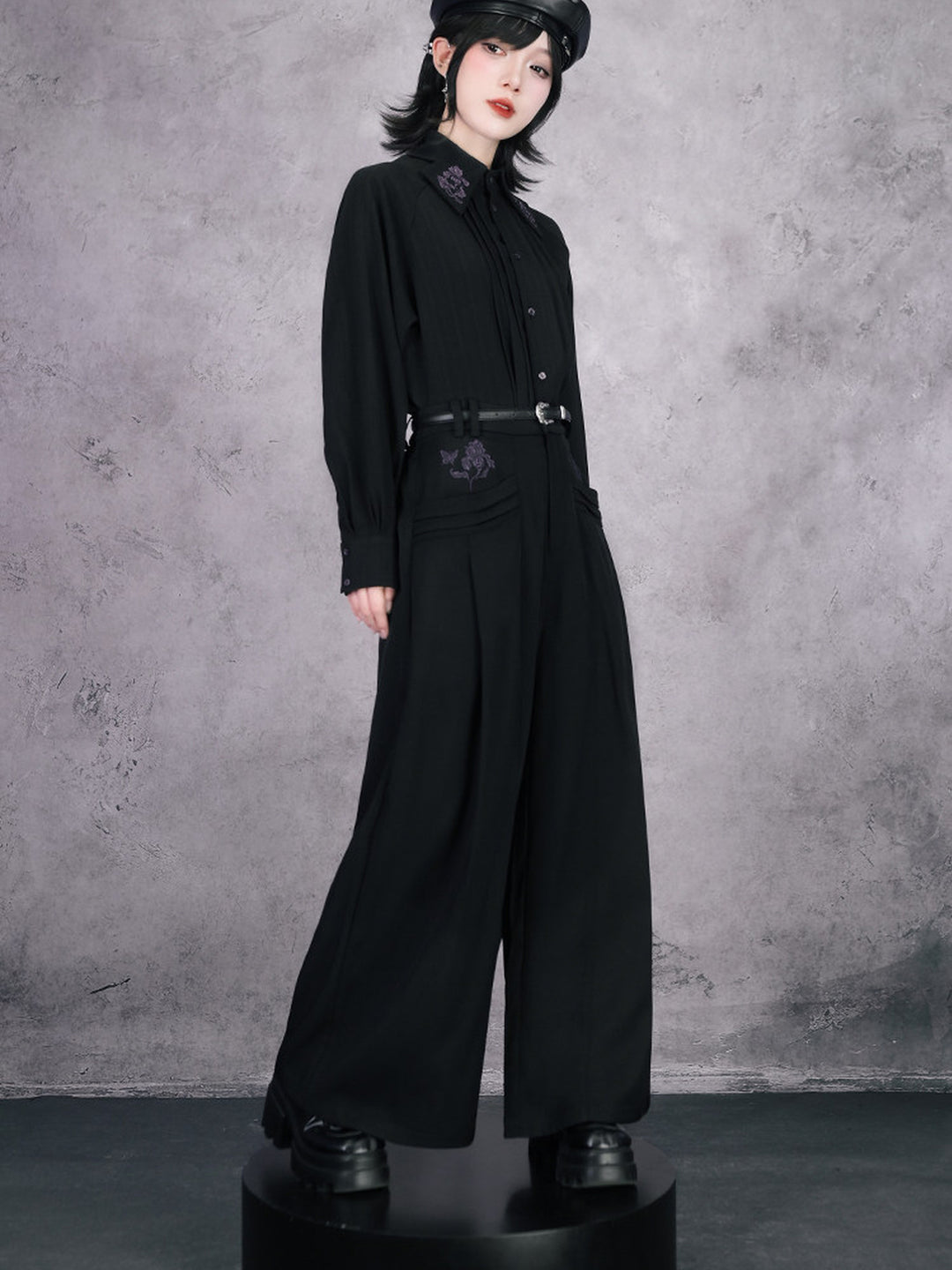 Black Iris Embroidered Paneled Wide-Leg Pants