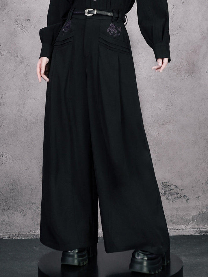 Black Iris Embroidered Paneled Wide-Leg Pants