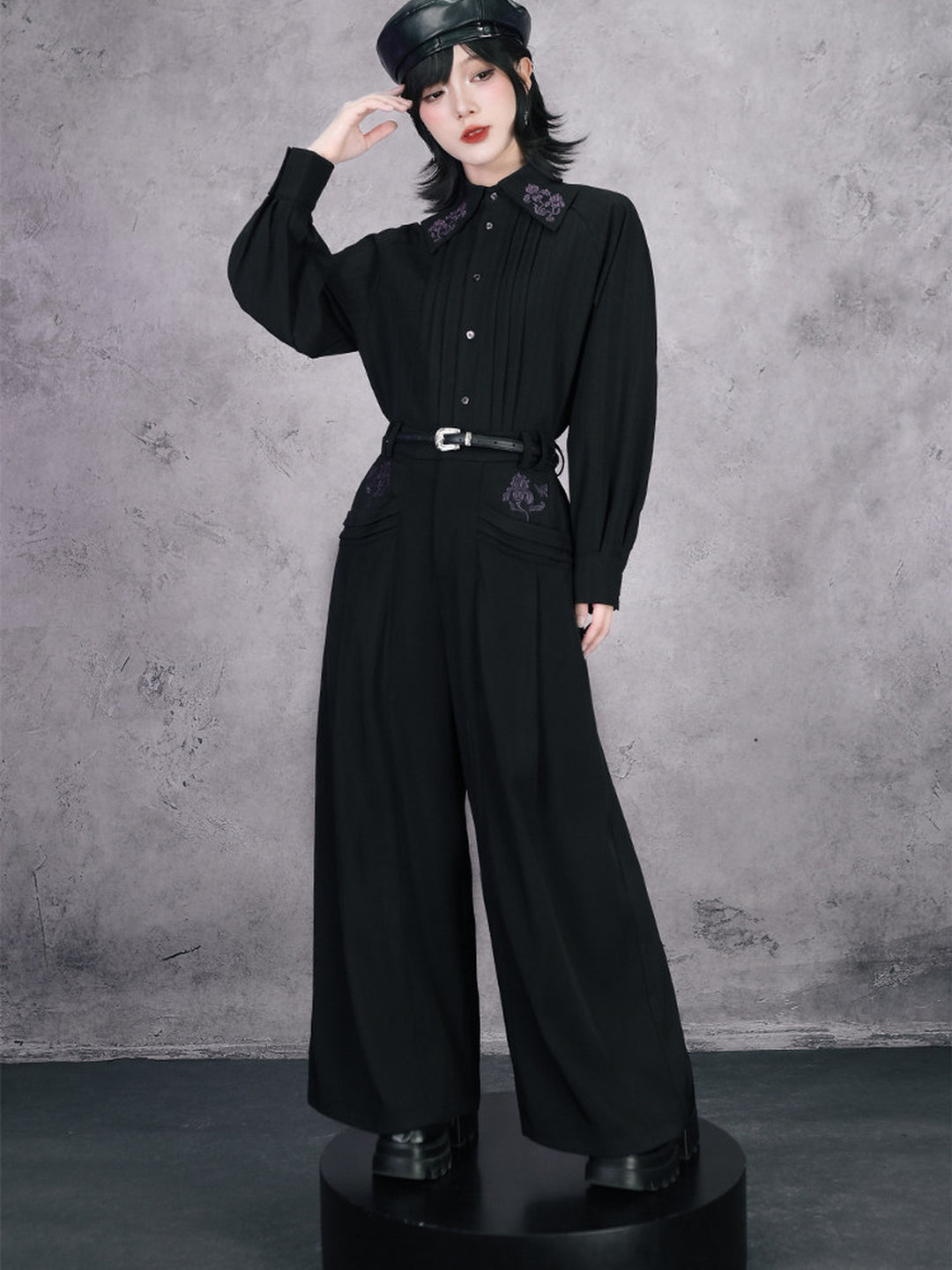 Black Iris Embroidered Paneled Wide-Leg Pants