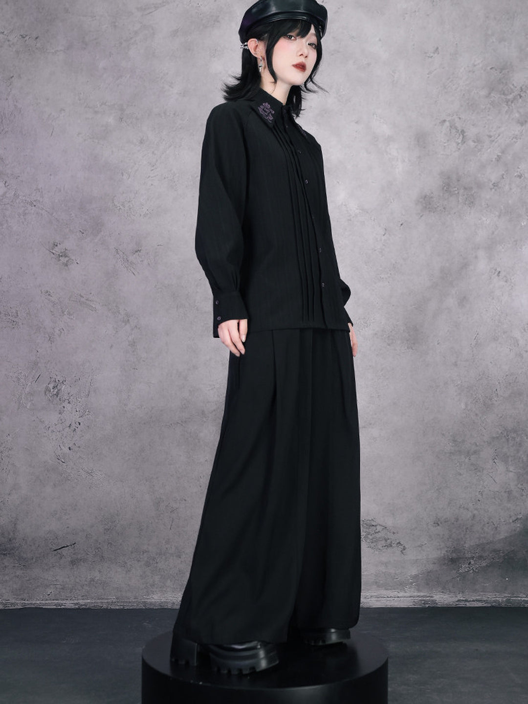 Black Iris Embroidered Paneled Wide-Leg Pants