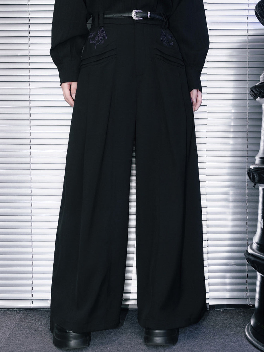 Black Iris Embroidered Paneled Wide-Leg Pants