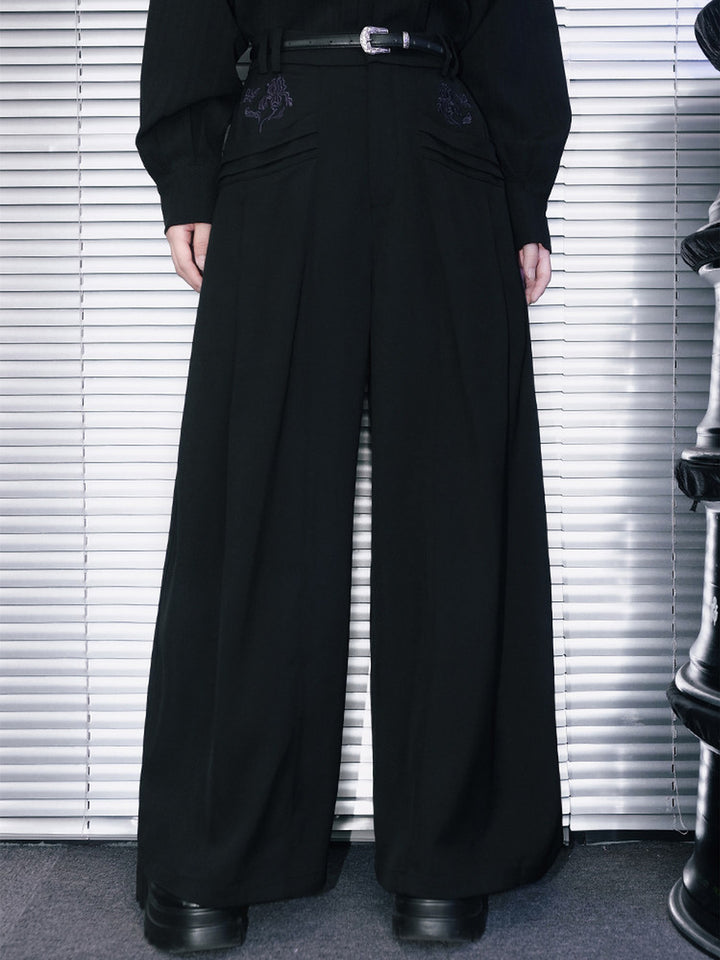 Black Iris Embroidered Paneled Wide-Leg Pants