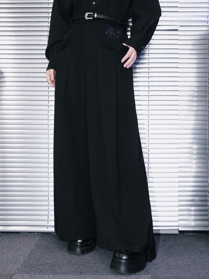 Black Iris Embroidered Paneled Wide-Leg Pants