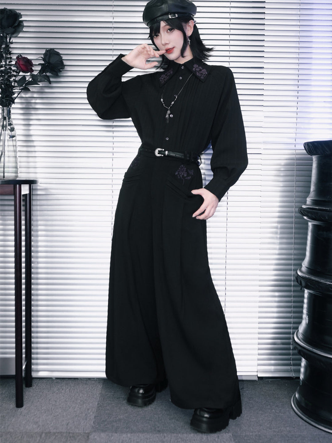 Black Iris Embroidered Paneled Wide-Leg Pants