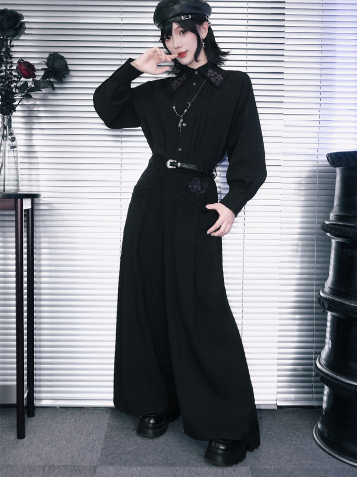 Black Iris Embroidered Paneled Wide-Leg Pants