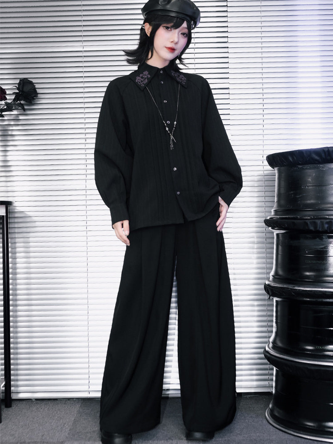 Black Iris Embroidered Paneled Wide-Leg Pants